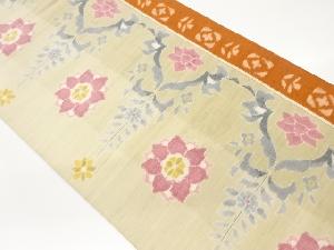 手織り紬花葉模様織出し全通洒落袋帯